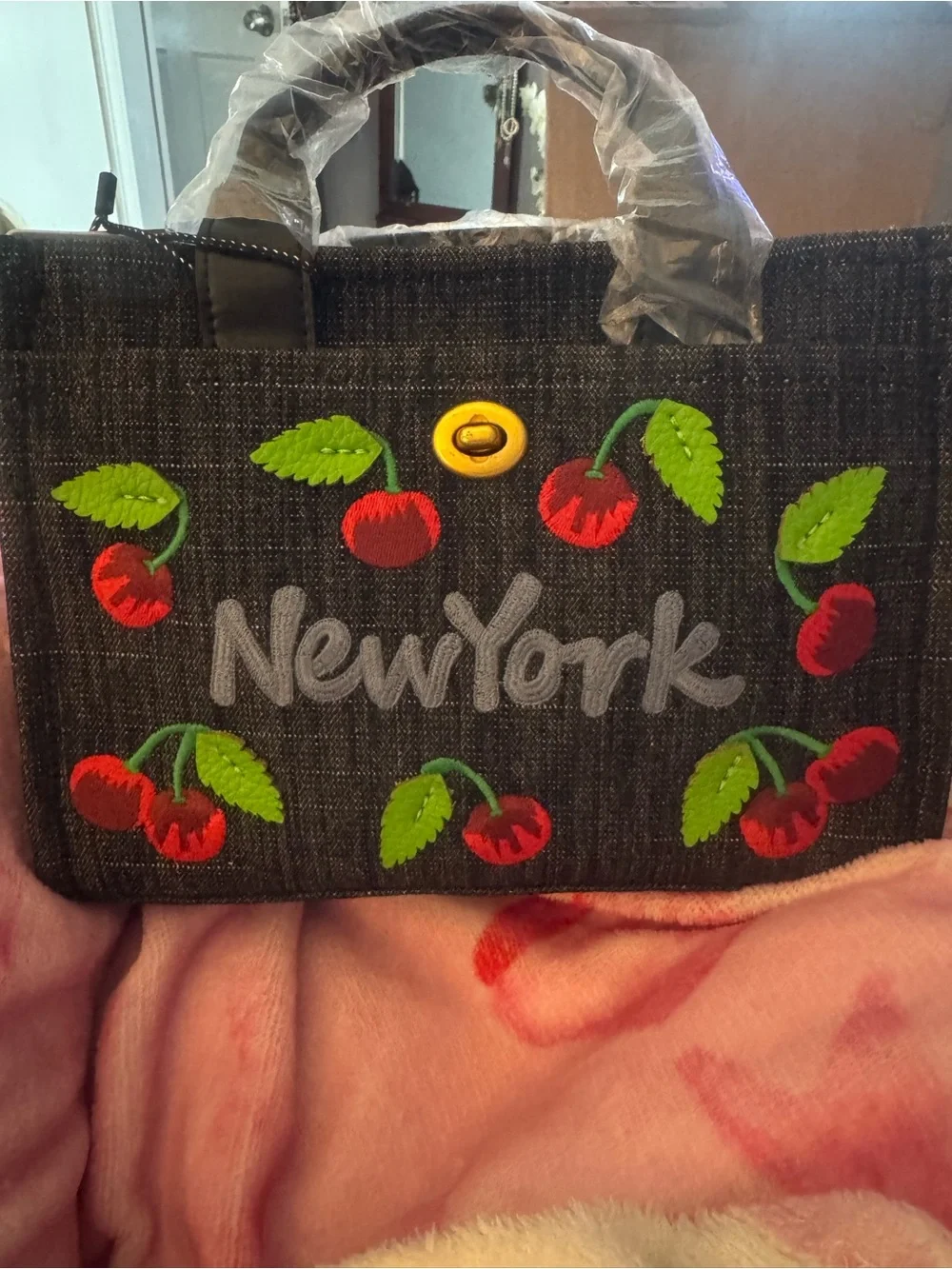 NewYork Embroidered Cherry Tote Bag - Black with Red & Green Accents denim mater